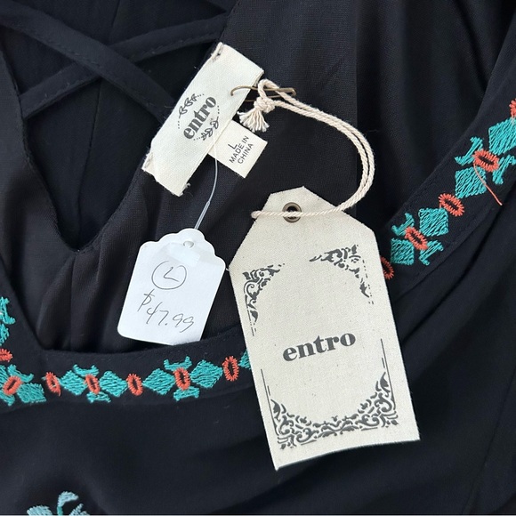 Anthropologie Entro Bohemian Black Colorful Embroidery Mini Dress Size Large - Picture 11 of 13